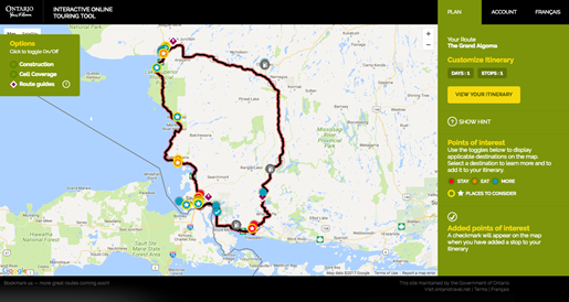 Grand Algoma Motorcycle Tour on Ontario GoTour Interactive Trip Planner